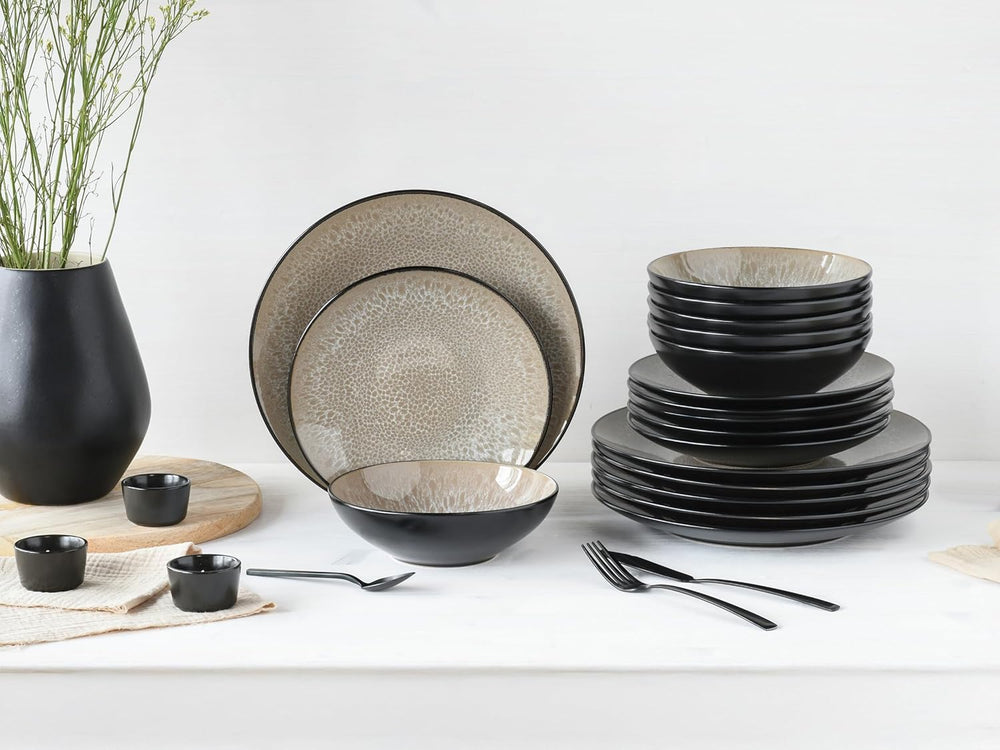CreaTable, 24464, Série Malmö Beige, Service de table 18 pièces pour 6 personnes, Service d'assiettes en grès, Passe au lave-vaisselle et au micro-ondes, Fabrication de qualité