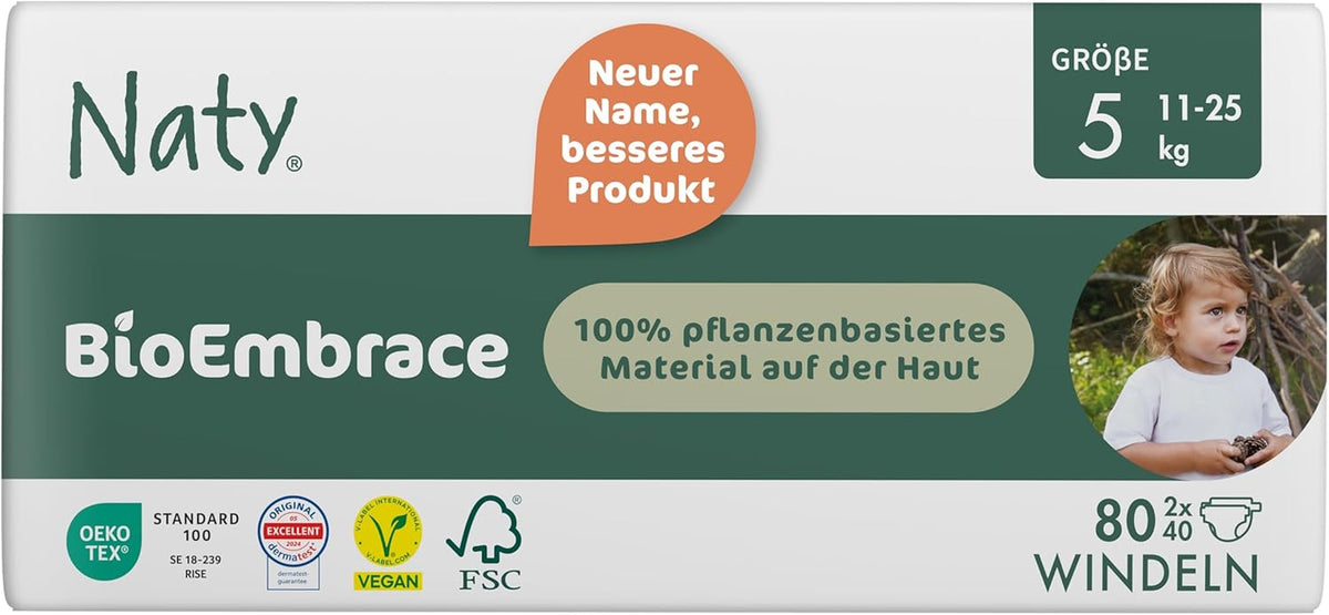 Couches pour bébé Naty BioEmbrace, taille 5 (11 à 25 kg) | Matières 100% végétales, douces pour la peau | Douceur respirante, testée dermatologiquement, excellente absorption | 80 pièces.