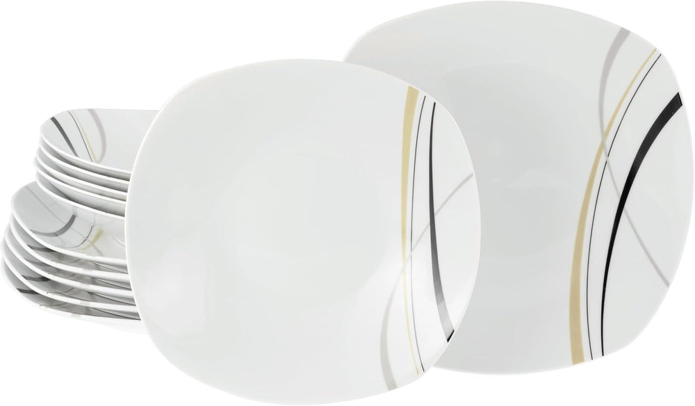 CreaTable 24029 Square City Line Series Service de table en porcelaine pour 6 personnes 12 pièces Passe au lave-vaisselle et au micro-ondes Fabrication de qualité