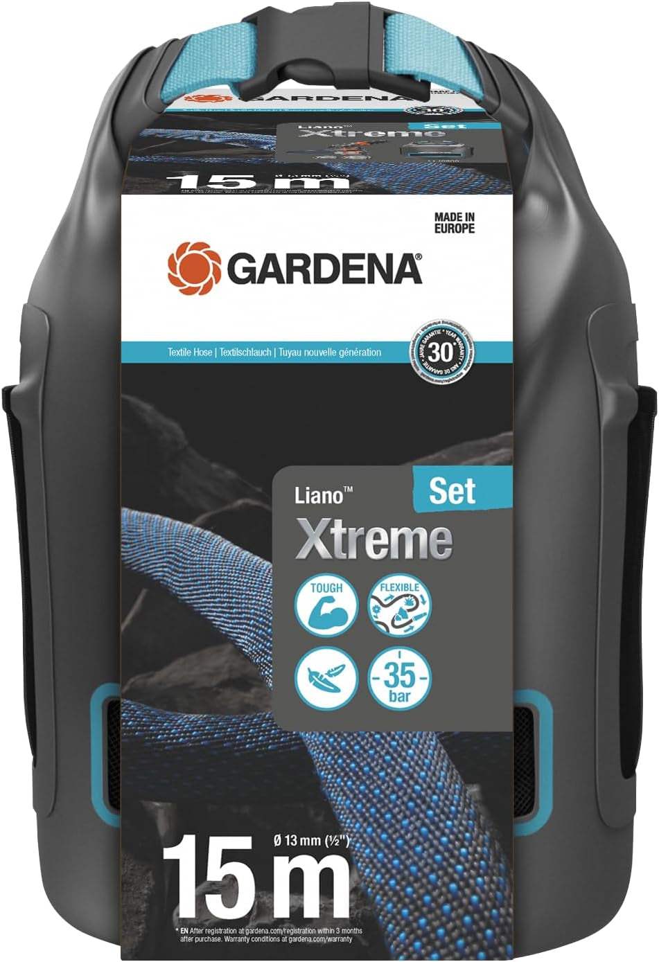 Gardena Liano Xtreme 1/2 pouce, Set 15 m + Sac : Tuyau d'arrosage textile extrêmement robuste avec sac, avec tuyau intérieur en PVC, léger, résistant aux intempéries (18468-20)