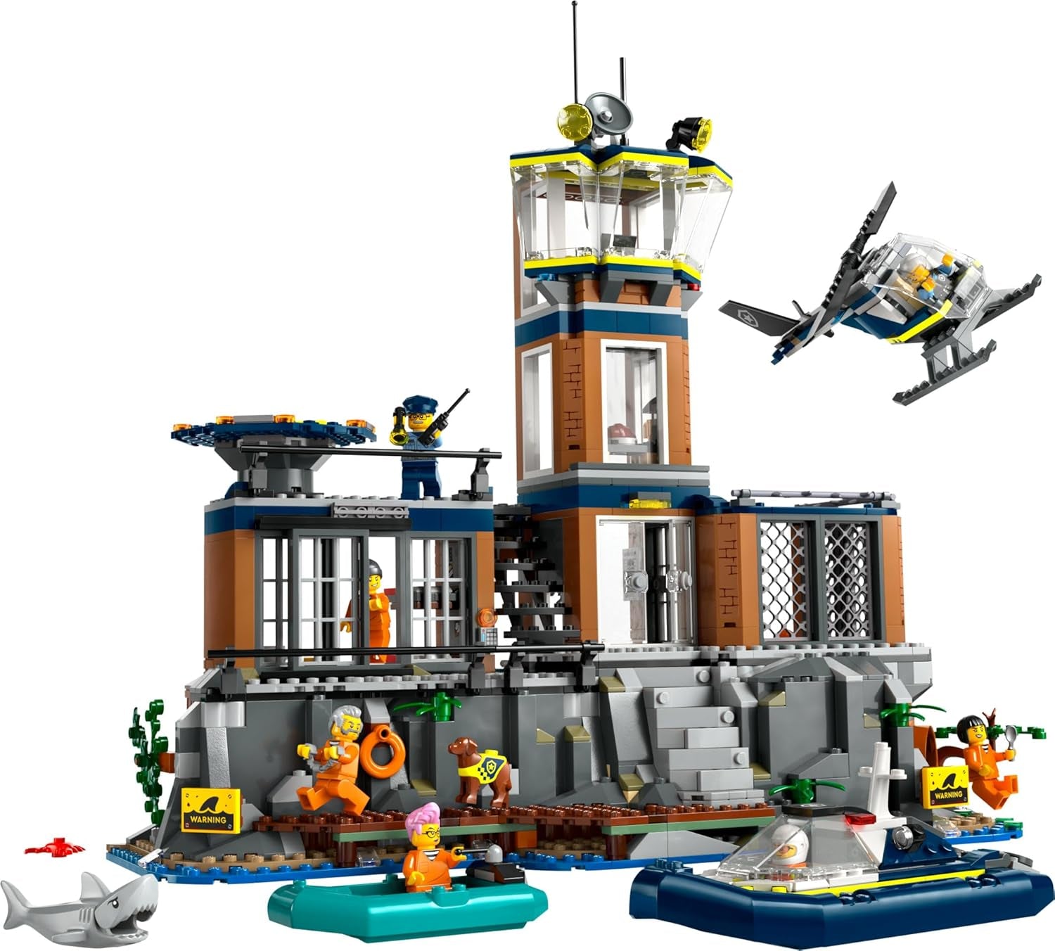 LEGO City Poste de police sur l'île-prison, jouet de police avec hélicoptère, botte et Hai, ensemble avec 7 figurines et chien, cadeau d'anniversaire pour garçons et filles à partir de 7 ans 60419