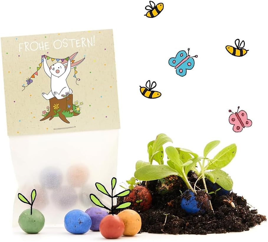 Bunte Blumenmurmeln "Frühlingsgruß" L 10 X5 Kleine Saatkugeln in Einem Tütchen Mit Blumenkorb-Motiv L Geschenk Zu Ostern, Im Frühling, Als Gastgeschenk Oder Als Dankeschön Für Erzieher, Lehrer