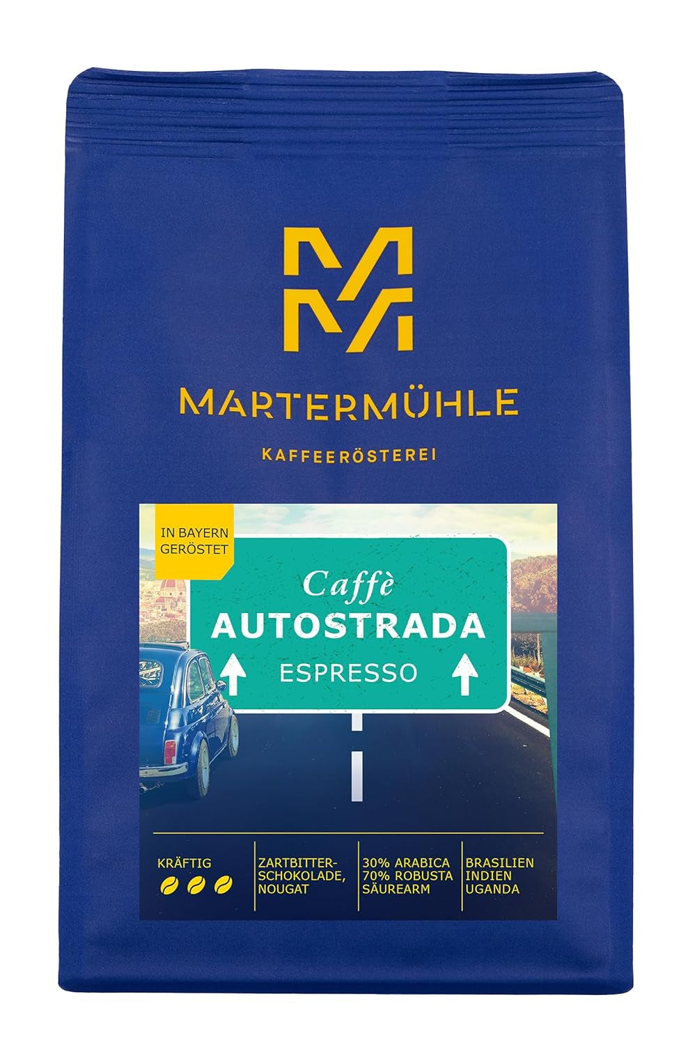 Martermühle Caffè Autostrada Espressobohnen 500g kräftig I Arabica/Robusta I Saveur : Nougat, Zartbitterschokolade I Ganze Espresso-Bohnen schonend geröstet, säurearm