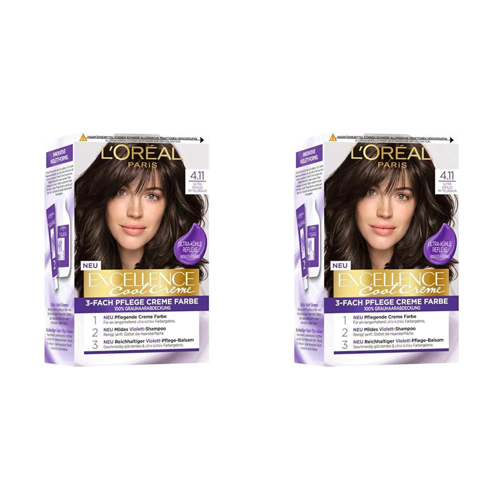 L'Oréal Paris Coloration permanente avec résultat couleur, couverture 100% des cheveux gris, coffret comprenant coloration, shampoing et crème de soin, Excellence Cool Creme, n° 1. 4.11 Ultra Cool Medium Brown (Brown) Naty Shop Hair Dye Titre par défaut