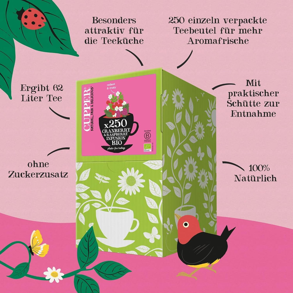 Cupper Thé aux fruits bio Canneberge Framboise | Thé à la framboise | 250 sachets de thé non blanchis | Grand paquet | Parfait pour le bureau | Écologique | Commerce équitable