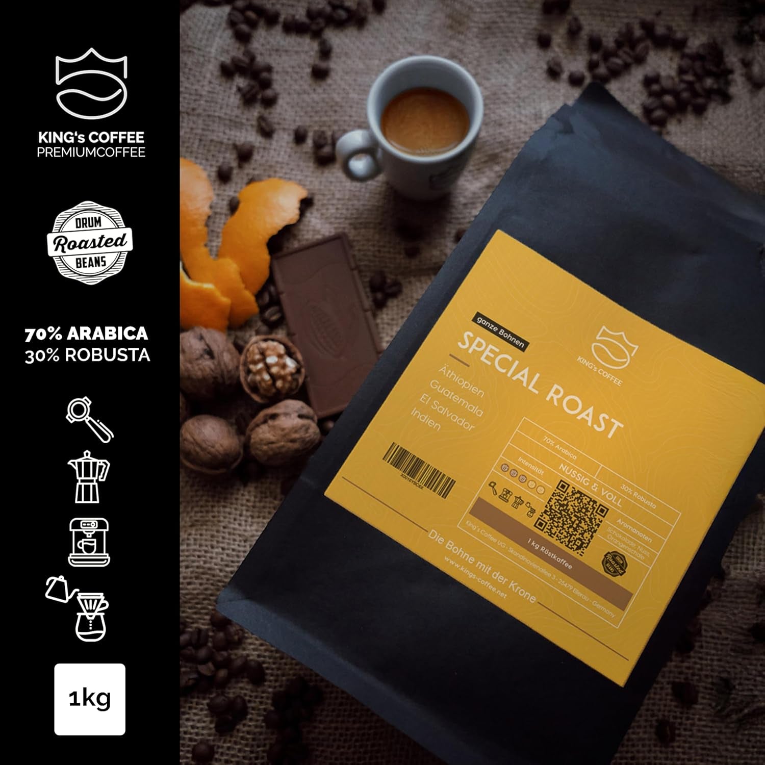 KING'S COFFEE - SPECIAL ROAST - 1 kg de grains d'espresso Barista Premium - Café à faible acidité - Torréfaction en petits lots en Italie - Le meilleur mélange Arabica-Robusta pour machines entièrement automatiques et porte-filtres
