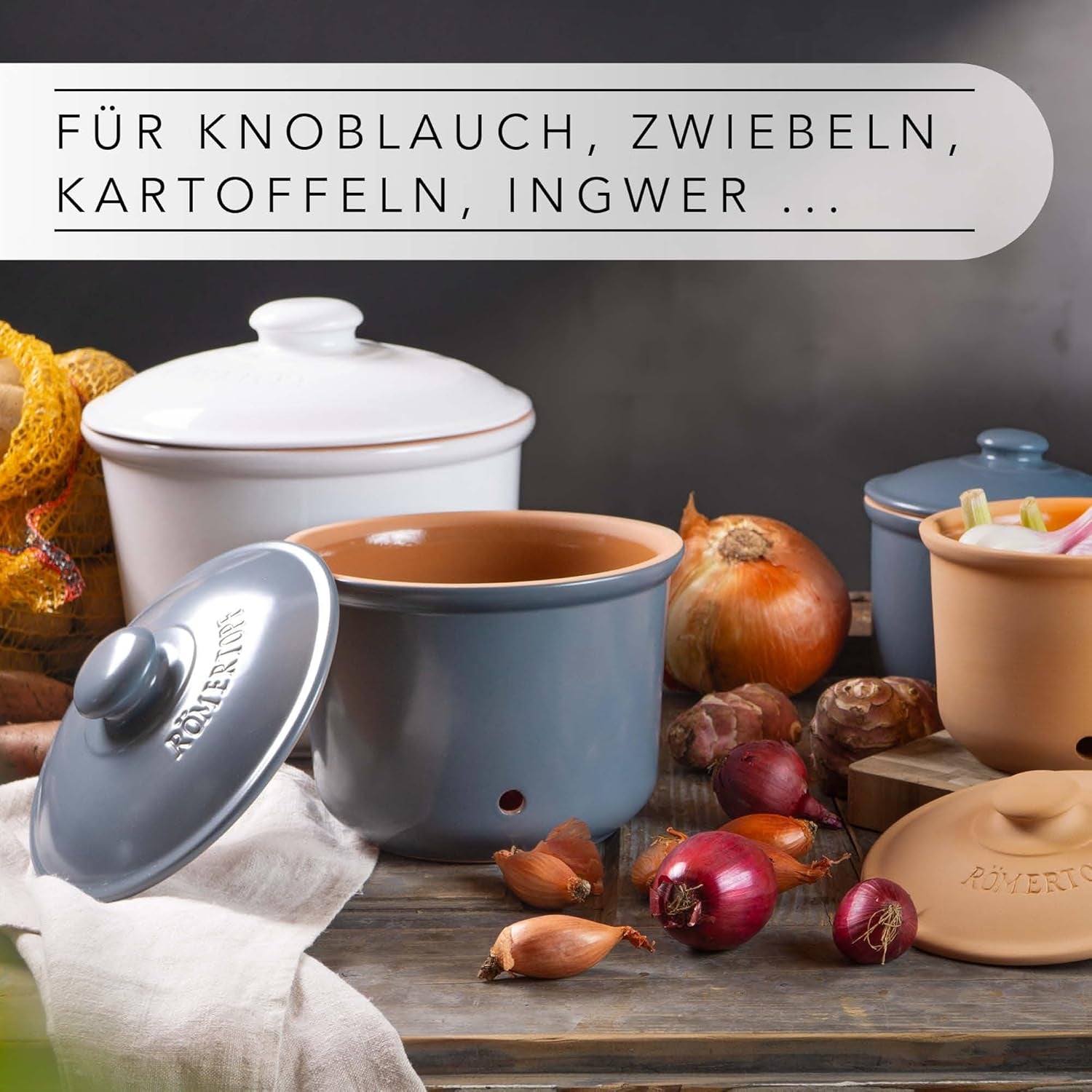 Pot à ail Römertopf pot frais en argile naturelle pour une longue durée de conservation des aliments comme l'ail Ø 12,5 cm blanc Boîtes de conservation alimentaire Naty Shop