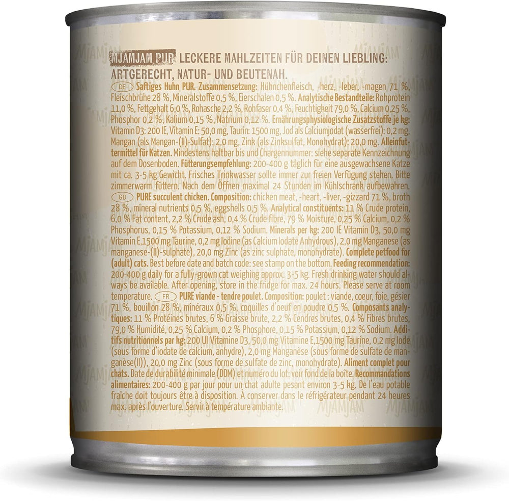 MjAMjAM - Nourriture humide de qualité supérieure pour chats - Plaisir de la viande pure - Paquet de 6 poulets juteux (6 x 800 g) sans céréales avec viande supplémentaire