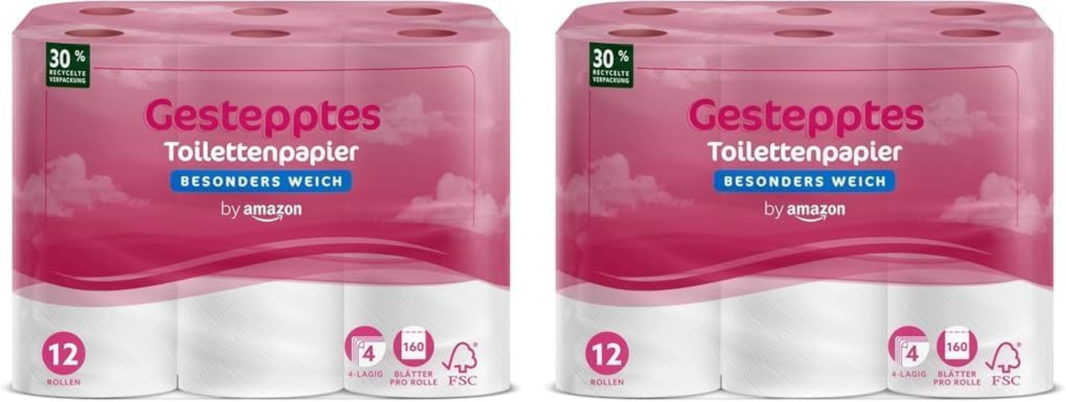 By Amazon Papier toilette matelassé 4 épaisseurs, extra doux, 48 rouleaux (12 rouleaux, lot de 4), 160 feuilles par rouleau, certifié Fsc