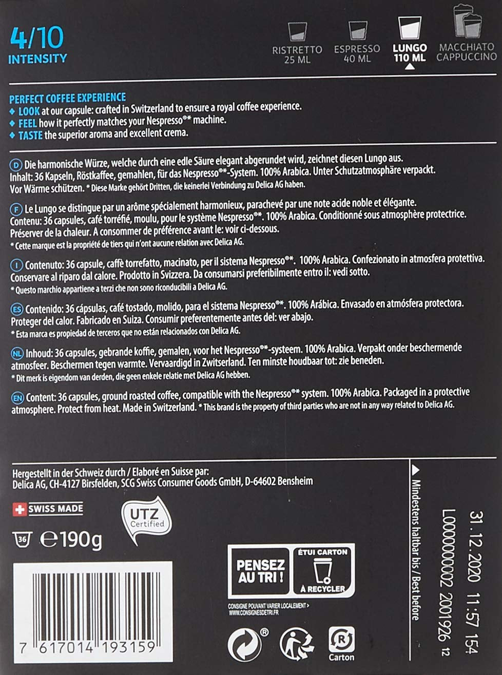 Café Royal Dark Chocolate Flavored 100 capsules pour machine à café Nespresso - 4/10 intensité - certifié UTZ, en aluminium et Lungo 36 capsules pour machine à café Nespresso - 4/10 intensité
