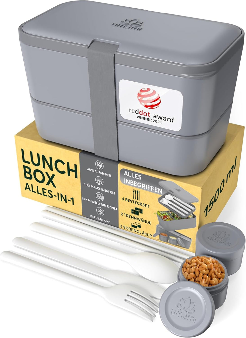 Umami Boîte à Lunch pour Adultes, Boîte à Bento Fermable 4 Couverts et Compartiments, Boîte à Lunch Adulte, Récipient à Salade à Emporter, Boîte à Lunch Pique-Nique/Bureau, Gris Charbon, 1500 ML Naty Shop Boîtes de Conservation des Aliments Gris Charbon L - 1500 ml Empilables les unes dans les autres