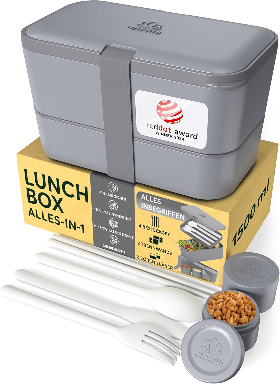 Umami Boîte à Lunch pour Adultes, Boîte à Bento Fermable 4 Couverts et Compartiments, Boîte à Lunch Adulte, Récipient à Salade à Emporter, Boîte à Lunch Pique-Nique/Bureau, Gris Charbon, 1500 ML Naty Shop Boîtes de Conservation des Aliments Gris Charbon L - 1500 ml Empilables les unes dans les autres