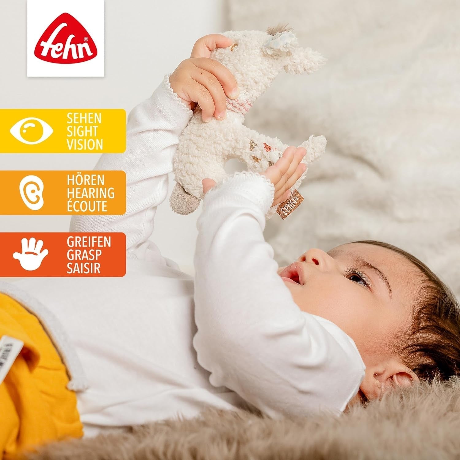 Fehn baby ring grasping toy lama - jucărie de pluș pentru bebeluși cu zornăitor - jucărie pentru abilități motorii pentru învățare jucăușă - jucărie de pluș ca ajutor pentru somn - jucărie pentru bebeluși și copii mici de la 0+ luni Jucarii Bebe Naty Shop
