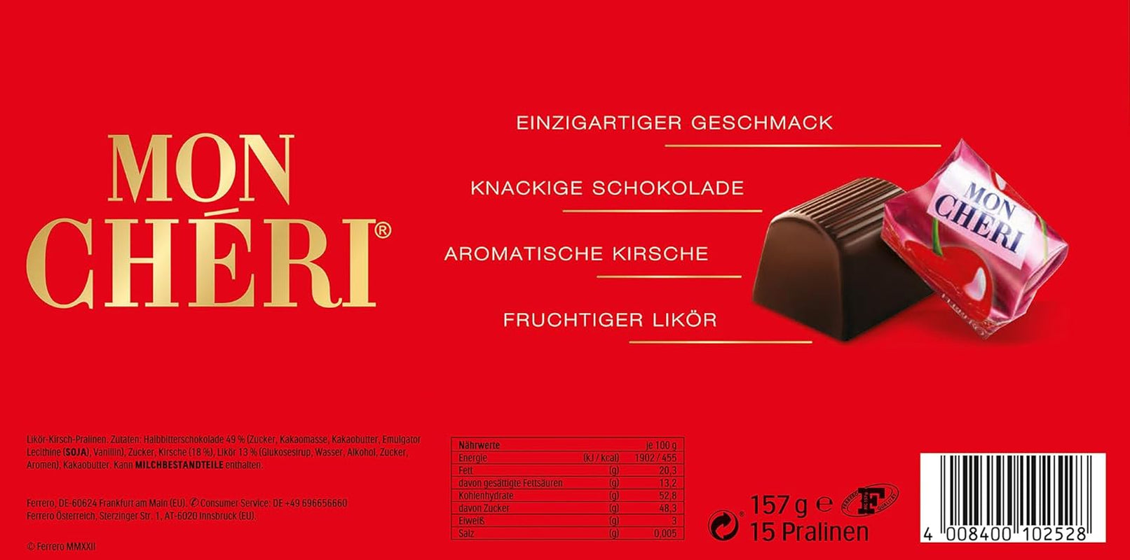 Ferrero Mon Chéri - Chocolat croquant, liqueur fruitée et cerise aromatique - Cadeau chocolat de Saint Valentin pour elle et lui - 1 paquet de 15 chocolats individuels