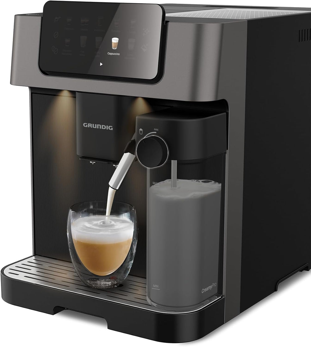 Machine à expresso entièrement automatique GRUNDIG KVA 6230 avec mousseur à lait, moulin en acier inoxydable avec 13 niveaux de mouture, réservoir à grains 250 g, réservoir d'eau amovible 2 litres, pression de pompe 19 bar, écran tactile, noir