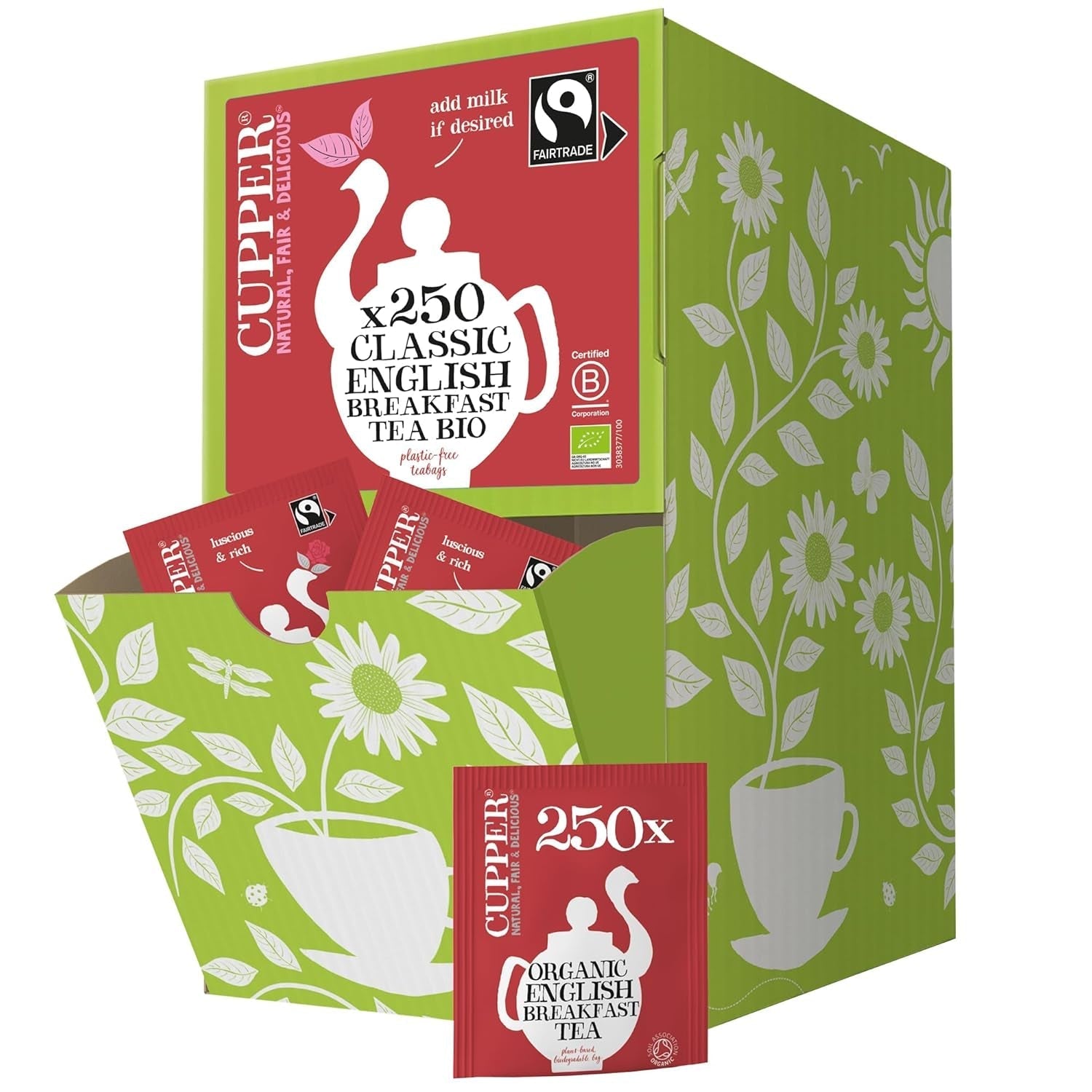 Cupper Ceai de fructe bio Cranberry Rasperry | Ceai cu zmeură | 250 pliculețe de ceai nealbite | Pachet mare | Perfect pentru birou | Ecologic | Comerț echitabil