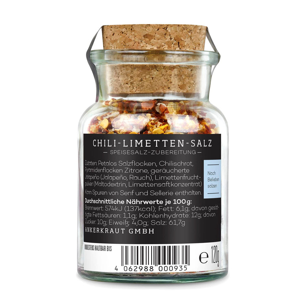 Ankerkraut Chili-Lime-Salz, 70g dans un verre en liège, Speise-Salz Mischung für Steak Fisch Salad Asia Gerichte, Allrounder mit Gesmack und Qualität