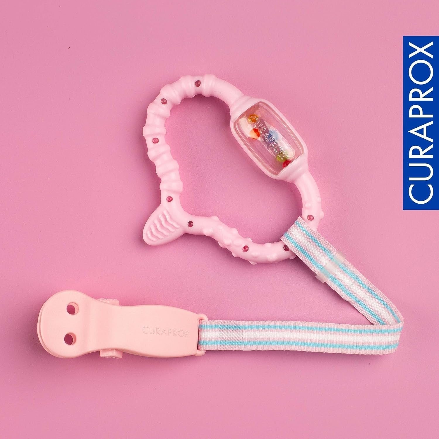 Curaprox Anneau de dentition pour bébé – Pour les tout-petits de 0 à 24 mois/soulage les maux de dents et favorise la motricité | Sans BPA, rose, avec brosse à dents d'entraînement/fabriqué en Suisse