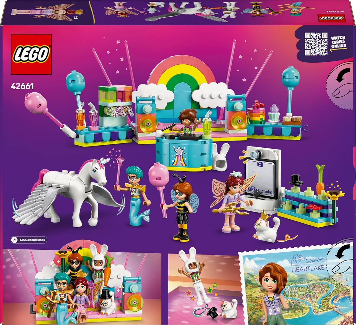 LEGO Friends Fête costumée avec un cornet et des frais - Un jeu pour les filles à partir de 6 ans - Une fille, un DJ-Pult, 4 mini-poupées, le Katze Churro et un Pferdefigur sowie lustigem Zubehör - Idée cadeau - 42661