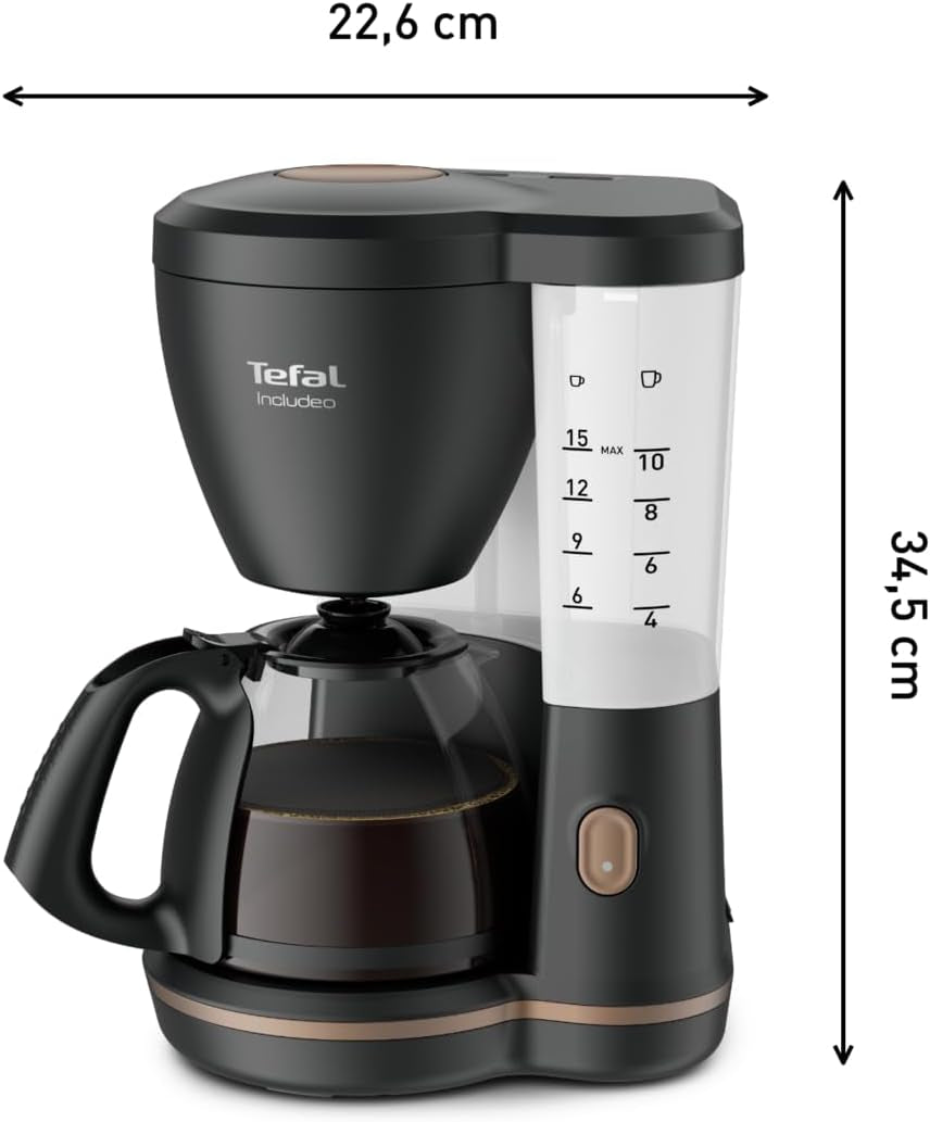 Tefal Includeo Filter Machine à Expresso, Machine à Expresso Extrêmement Facile à Utiliser, Adaptée aux Droitiers et aux Gauchers, Ouverture Automatique du Couvercle, 1,25 L, 10 à 15 Tasses, CM533811