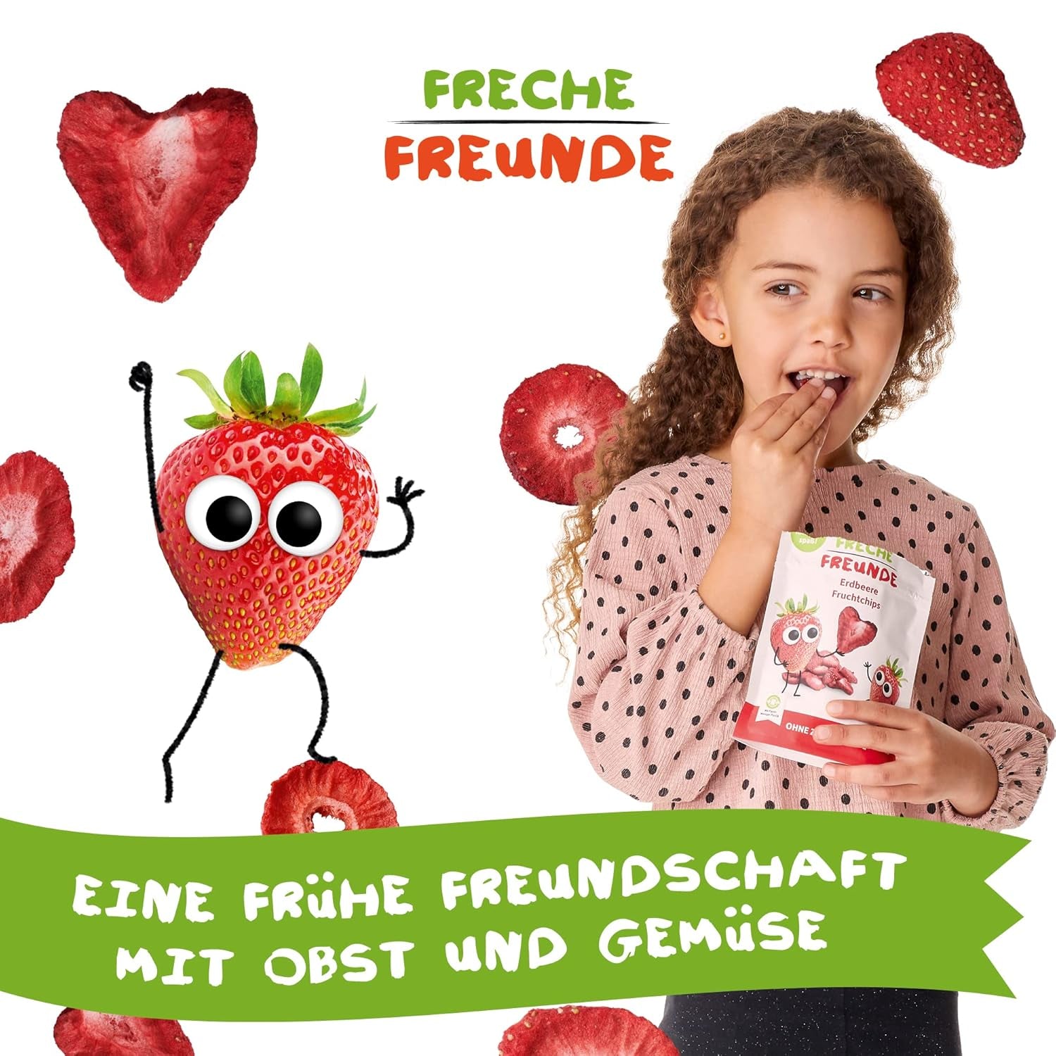 FRECHE FREUNDE Chips de Fraises Bio, Chips de Fruits Lyophilisés, Fruits Secs Tranchés Naturels Sans Sucre Ajouté, Végétalien, Sans Lactose, Sans Gluten, Paquet de 12 (12 x 12g)