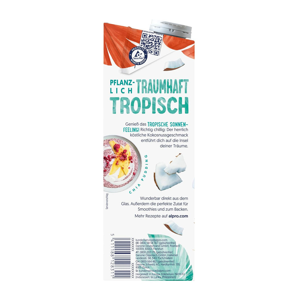 Alpro Kokosnussdrink ohne Zucker – Ohne Süßstoffe – Vegan et sans lait – Von Natur aus lactosefrei et fettarm – Riche en calcium et vitamines – 8 x 1 L
