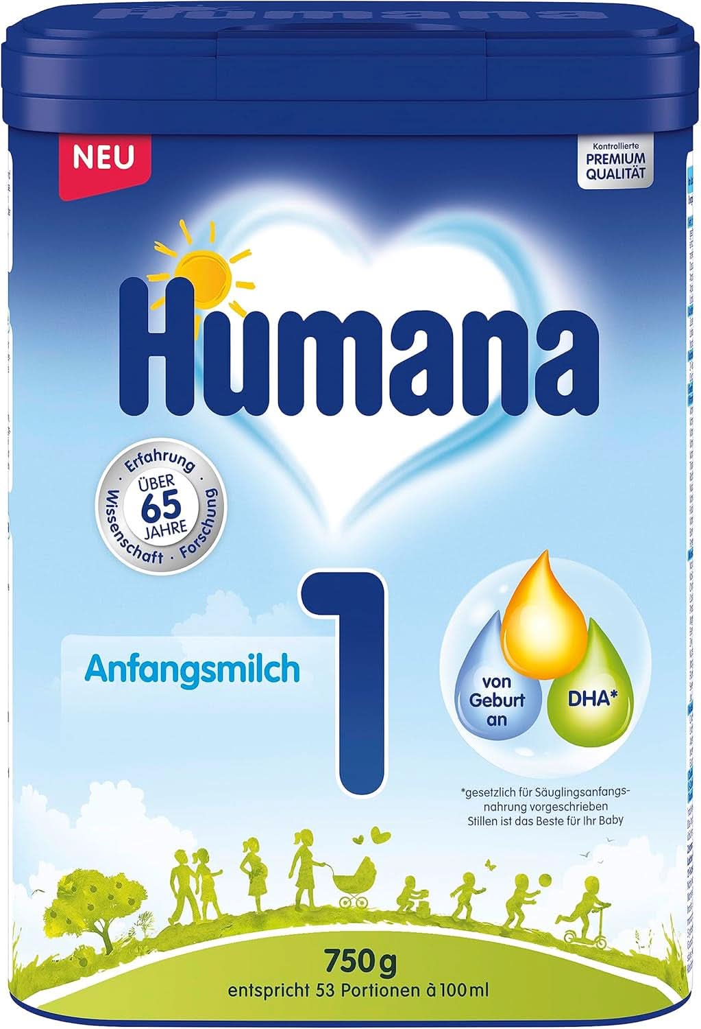 Humana Initial Milk 1, dès la naissance, lait en poudre pour lait infantile, en complément du lait maternel ou comme aliment unique pour bébé, aliment initial uniquement avec DHA et lactose, 750 g Mère et Enfant Naty Shop 750 grammes