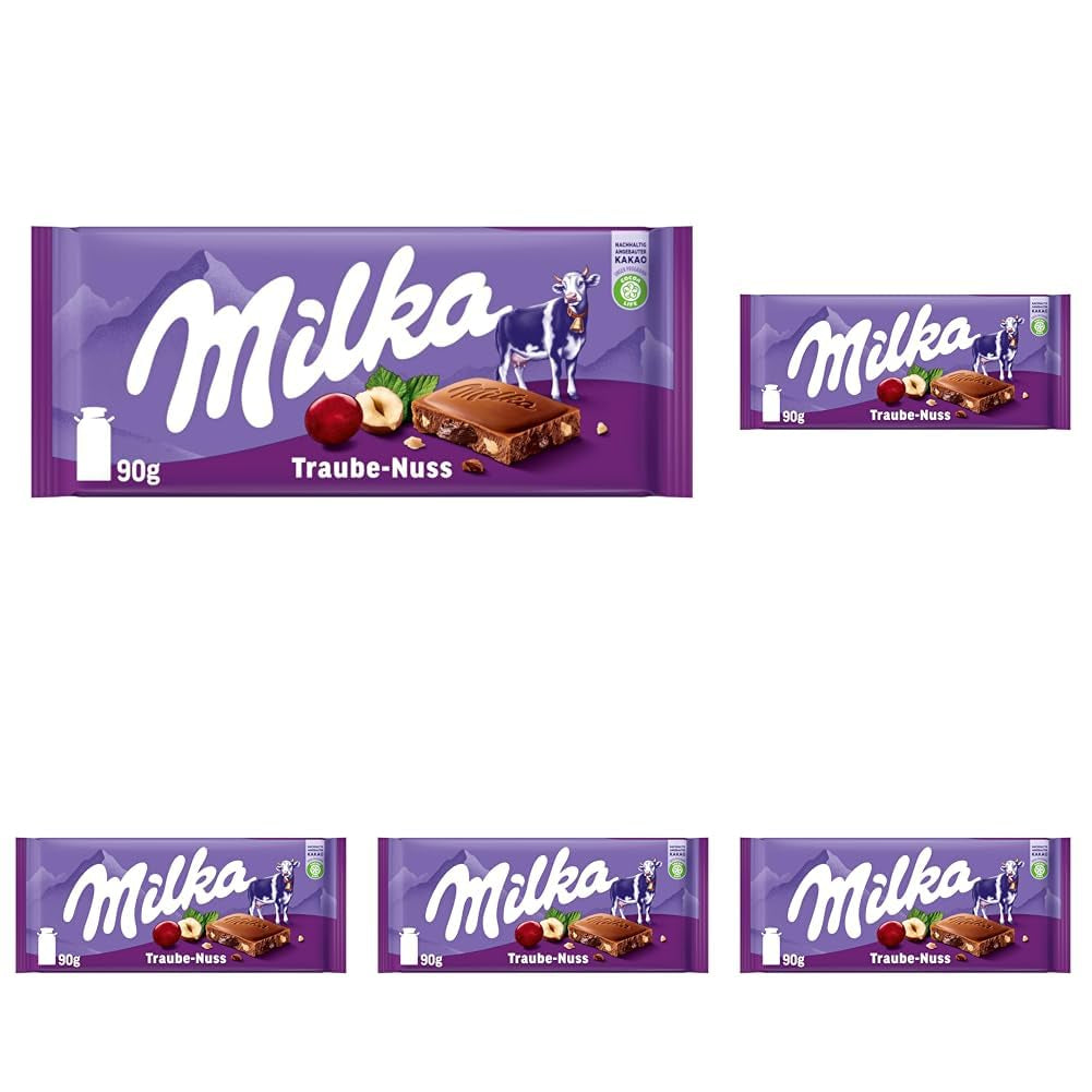 Milka Raisins et Noisettes – Chocolat au lait alpin avec morceaux de noisettes et raisins secs – 90g