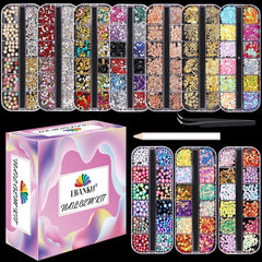 EBANKU Nail Art Strass Kit Multi Design Zubehör Mit 1 Pinzetten 1 Stück Wachsstifte Deko Diamanten Kristalle Perlen Edelsteine ​​​​Bunt Pferdeaugen Strass Metall Nieten Für Nagel DIY (1 Stück (10Er Pack))