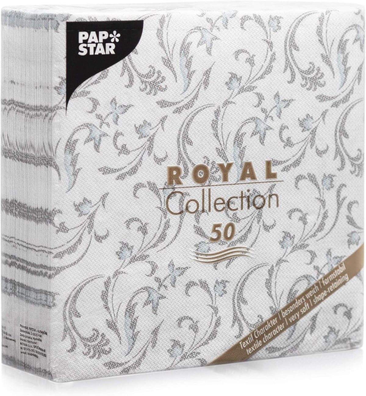 Papstar, 50 serviettes "Collection ROYAL" pli 1/4 40 Cm X 40 Cm gris "Damascato", #85005