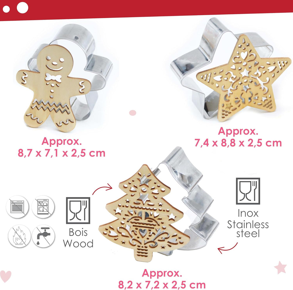 SCRAP COOKING 2093 Set de pâtisserie avec coupe-chat en acier inoxydable et gaufrier en bois adapté au contact alimentaire de Noël