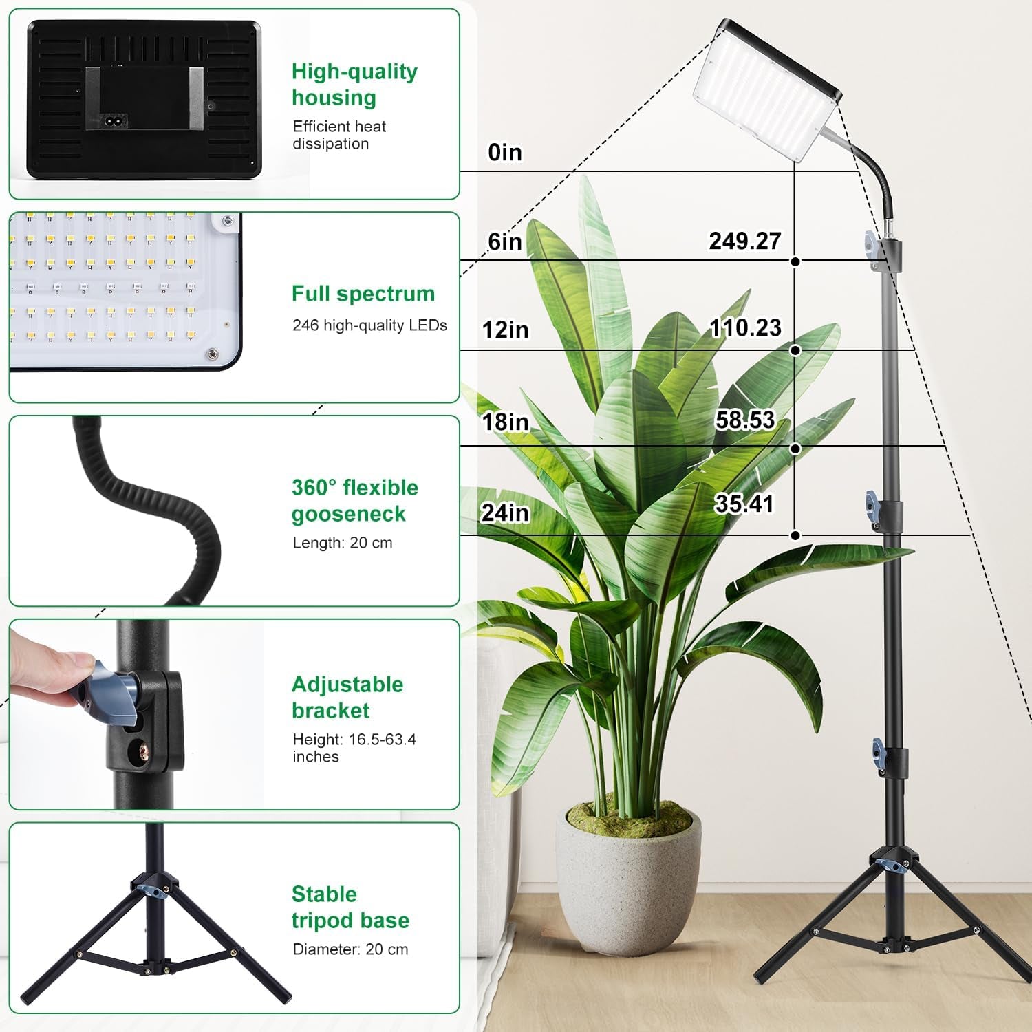 Lampe LED pour plantes à spectre complet avec support réglable, 246 LED avec minuterie et 9 niveaux de luminosité, lumière pour plantes à fleurs, culture hydroponique et graines, pour débutants et jardiniers d'intérieur