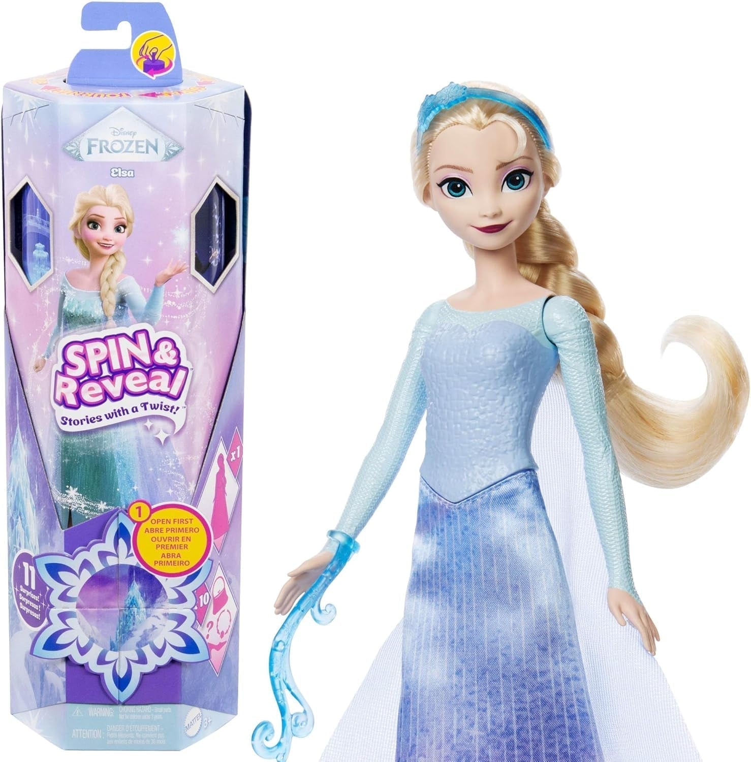 Mattel Disney The Ice Queen Elsa Fashion Doll Set, Spin & Reveal cu 11 surprize, inclusiv 5 accesorii, 5 autocolante și o scenă pentru joacă, inspirat de filmul Disney, HTG25 Papusi Naty Shop Set de păpuși de modă Elsa