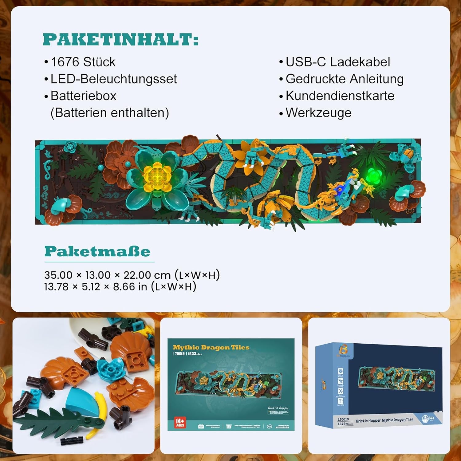 Kit de construction de tuiles de dragon mythique pour adultes, jouet de construction d'art divin Loong 3D avec lumières LED et fleurs, kit de modèle en relief de dragon à faire soi-même, cadeaux et décorations créatifs (1676 pièces)