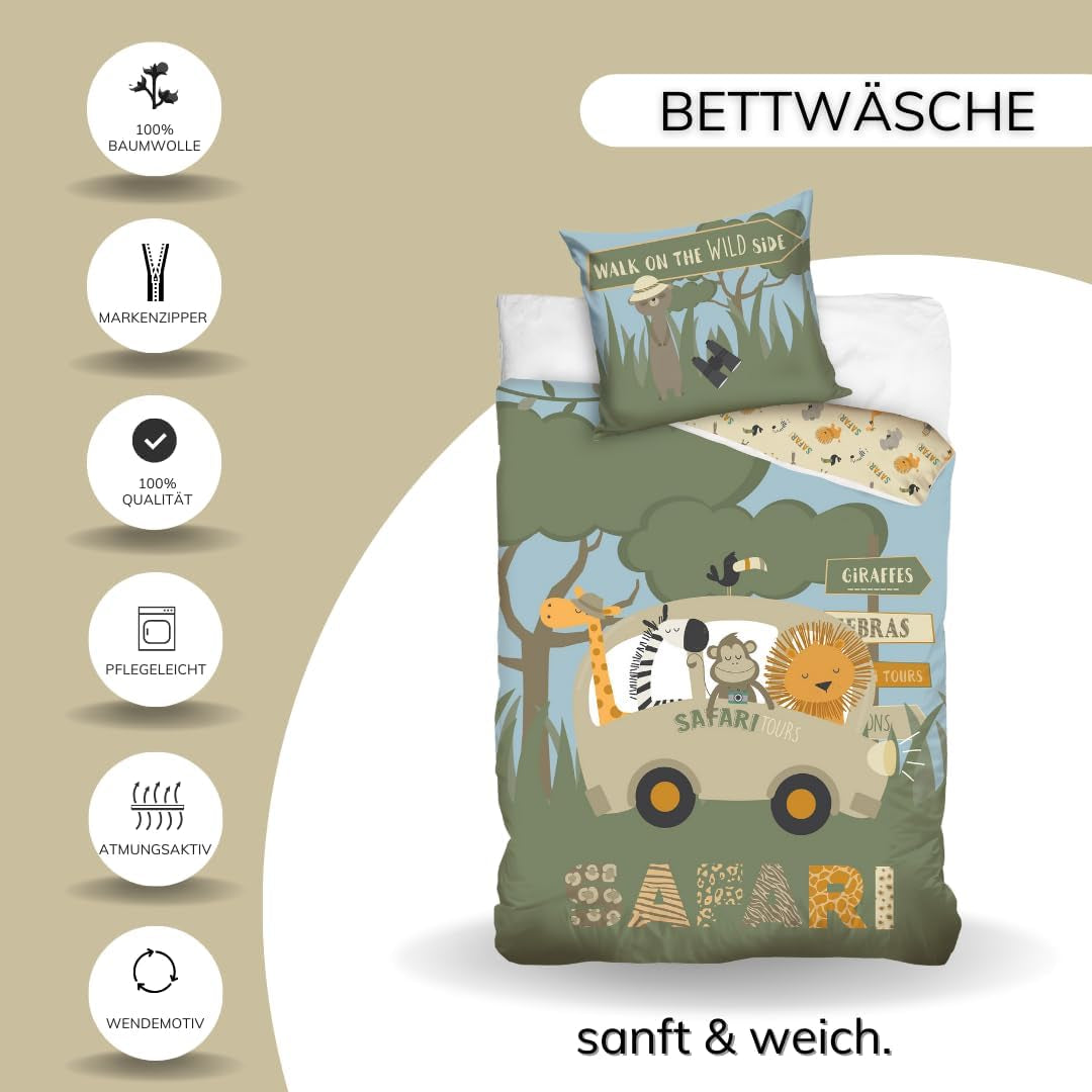 Set de lenjerie de pat pentru copii, animale, 100% bumbac cu fermoar Lenjerie de pat - copii Naty Shop