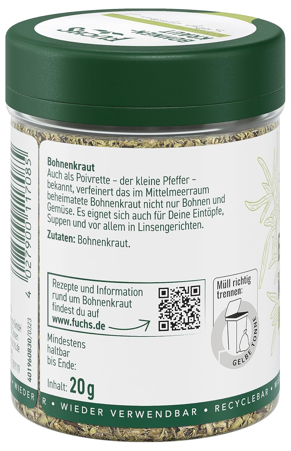 Fuchs Gewürze - Bohnenkraut gerebelt - idéal pour Gemüsegerichte, Bohnengerichte oder Eintöpfe - ingrédients naturels - 20 g en wiederverwendbarer, recyclebarer Dose