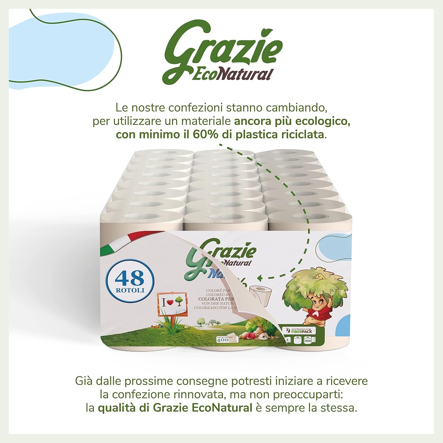 Grazie Natural, papier toilette, Maxi Ecol FSC, 48 rouleaux, testé dermatologiquement, papier toilette 100% recyclé, écologique, fabriqué en Italie