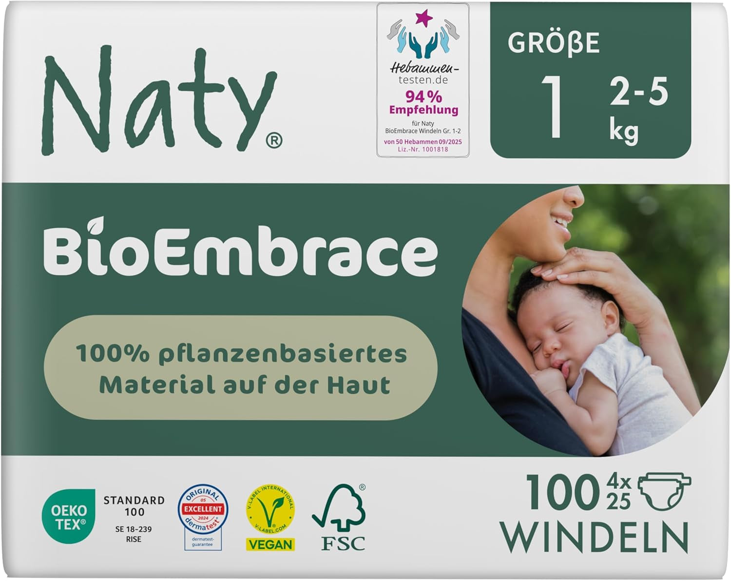 Couches pour bébé Naty BioEmbrace, taille 5 (11 à 25 kg) | Matières 100% végétales, douces pour la peau | Douceur respirante, testée dermatologiquement, excellente absorption | 80 pièces.
