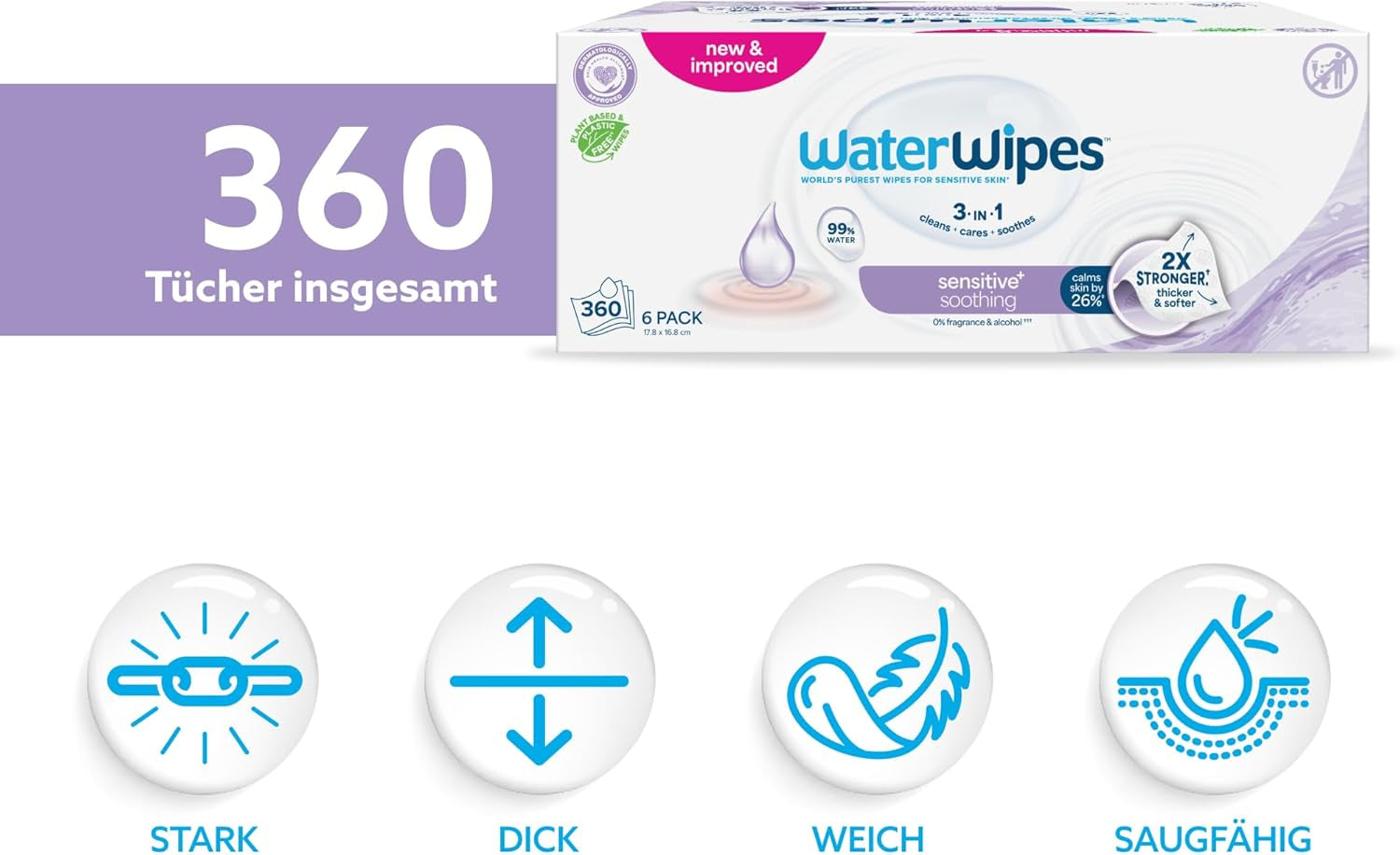 WaterWipes Sensitive+ Soothing Clean 360 pièces (paquet de 6) lingettes 3 en 1 nettoyantes, soignantes et apaisantes à 99 % d'eau avec extrait de plante, lingettes pour bébé non parfumées