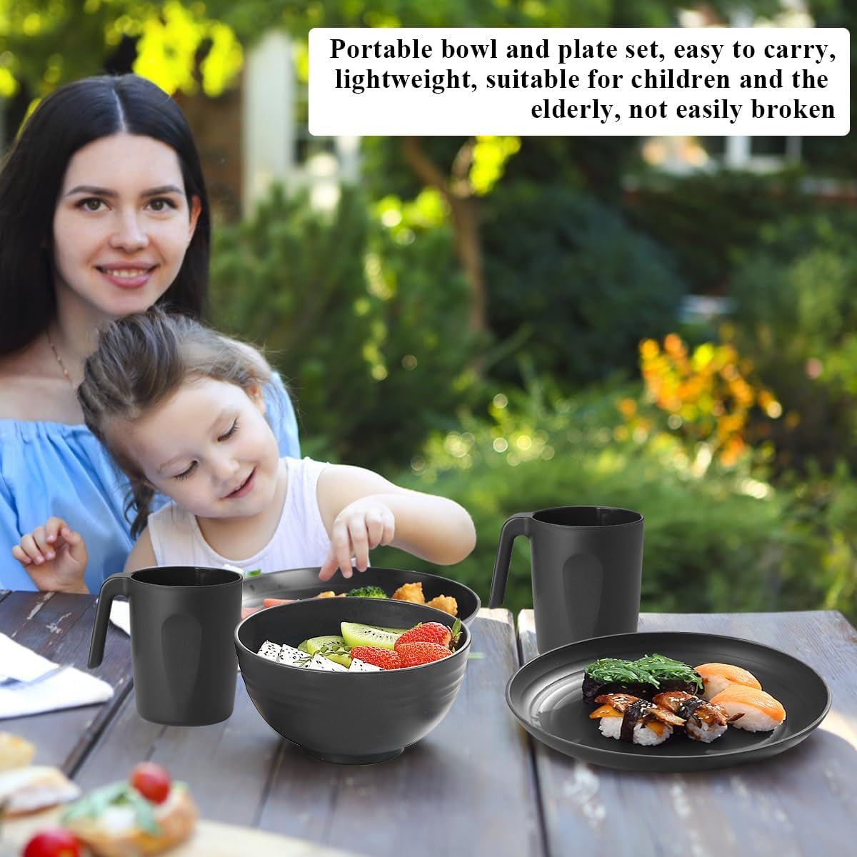 Berglander Service de table 24 pièces en plastique noir pour 6 assiettes et bols réutilisables comprenant des assiettes plates, des assiettes à dessert, des bols à céréales et des tasses pour la maison, le jardin et les pique-niques