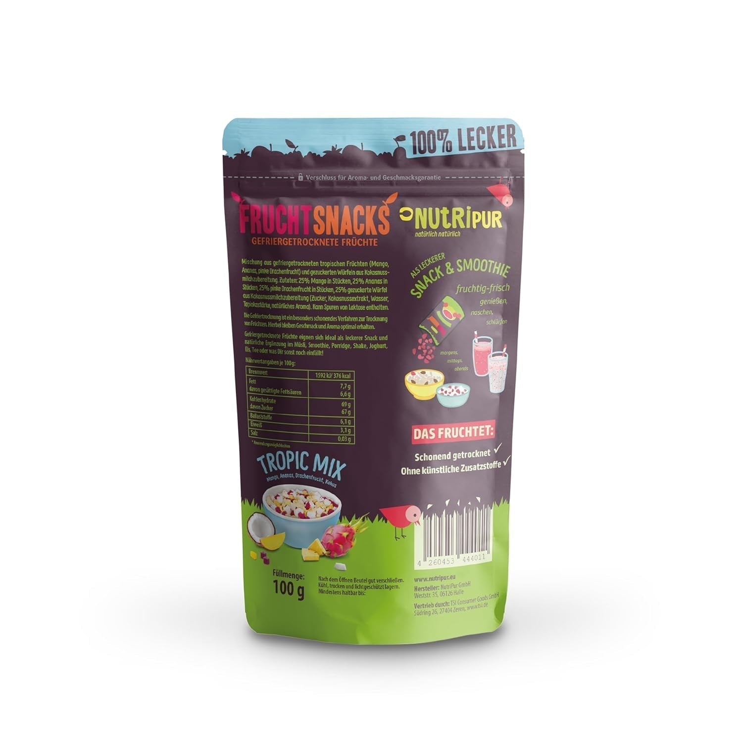 Amestec de fructe liofilizate "Tropic-Mix" 100g I Fructe de pădure și fructe uscate I Amestec de nucă de cocos, fruct dragon, mango și ananas I NutriPur Produse deshidratate Naty Shop