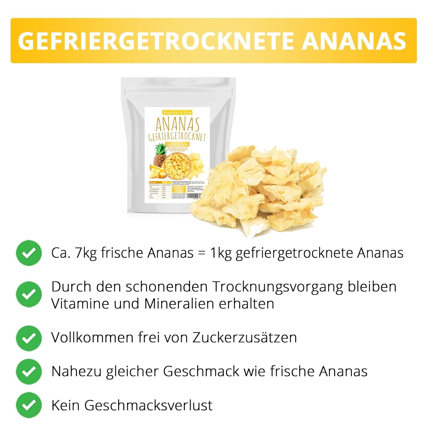Ananas lyophilisé 250g, gros morceaux, fruits lyophilisés en tranches, non sucrés, morceaux d'ananas fruités, ananas séchés Produits déshydratés Naty Shop