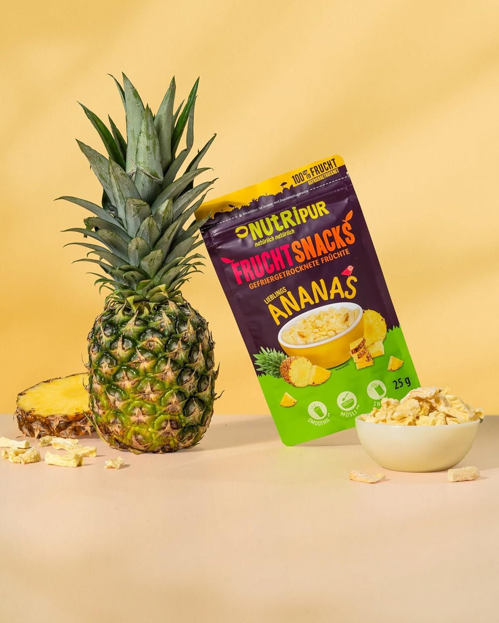 Ananas lyophilisés BITS 100g gros morceaux pour smoothie bowls, muesli, porridge topping - fruits lyophilisés sans sucre ajouté - ananas séchés - fruits de NutriPur Produits déshydratés Naty Shop