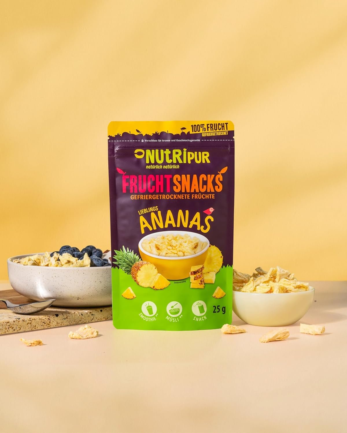 Ananas lyophilisés BITS 100g gros morceaux pour smoothie bowls, muesli, porridge topping - fruits lyophilisés sans sucre ajouté - ananas séchés - fruits de NutriPur Produits déshydratés Naty Shop