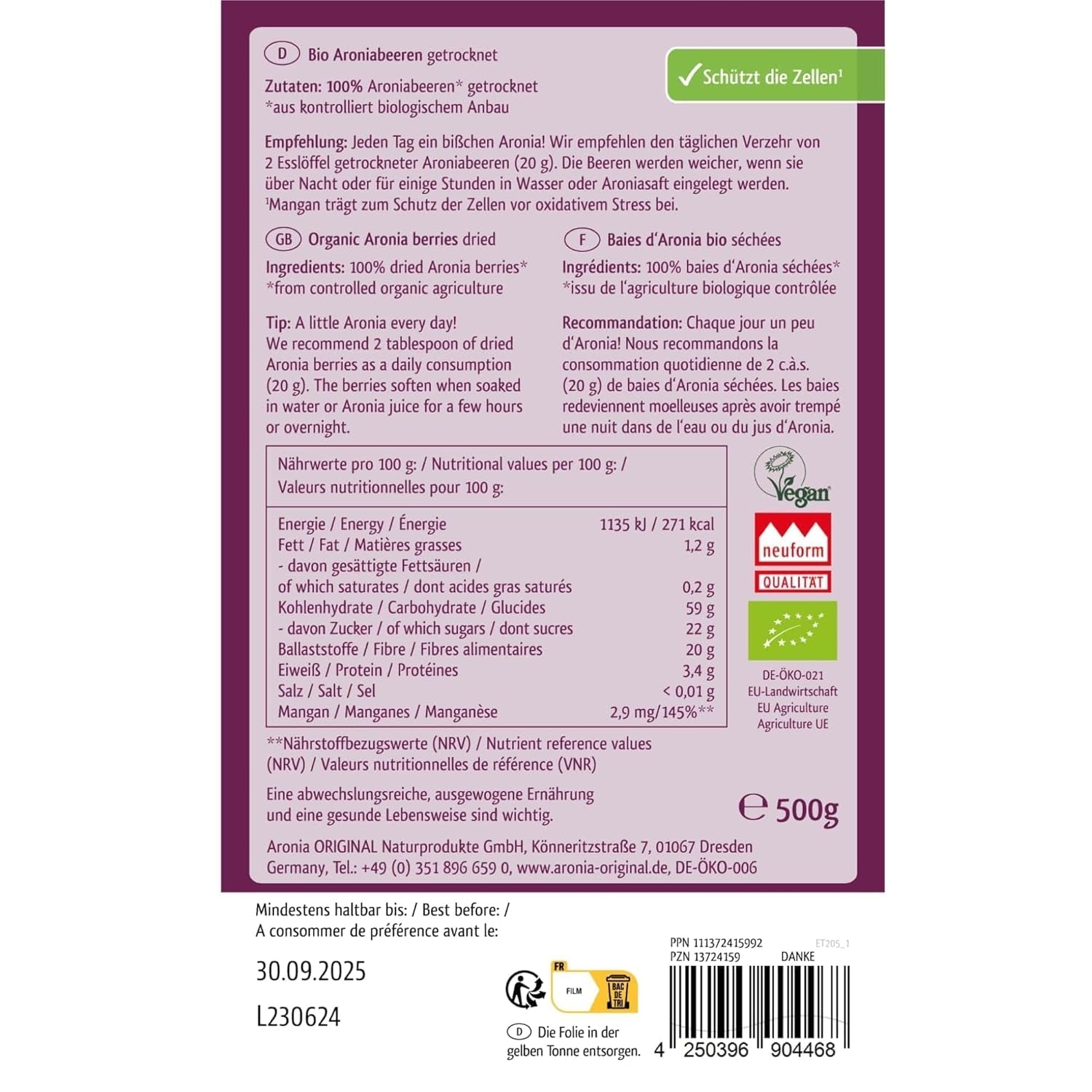 Aronia ORIGINAL fruits d'aronia séchés biologiques 500 g | baies délicatement séchées | végétalien, sans conservateur, sans sucre ajouté (par la loi) Produits déshydratés Naty Shop