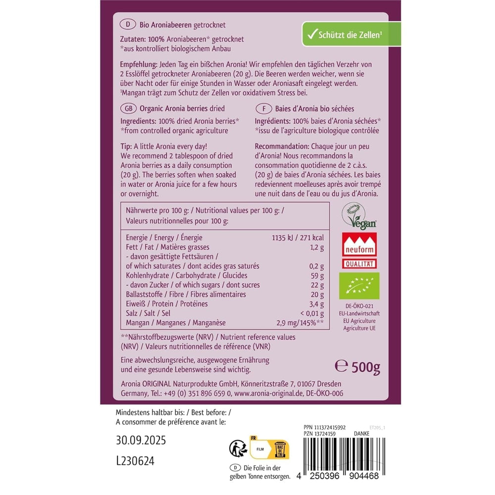 Aronia ORIGINAL fruits d'aronia séchés biologiques 500 g | baies délicatement séchées | végétalien, sans conservateur, sans sucre ajouté (par la loi) Produits déshydratés Naty Shop