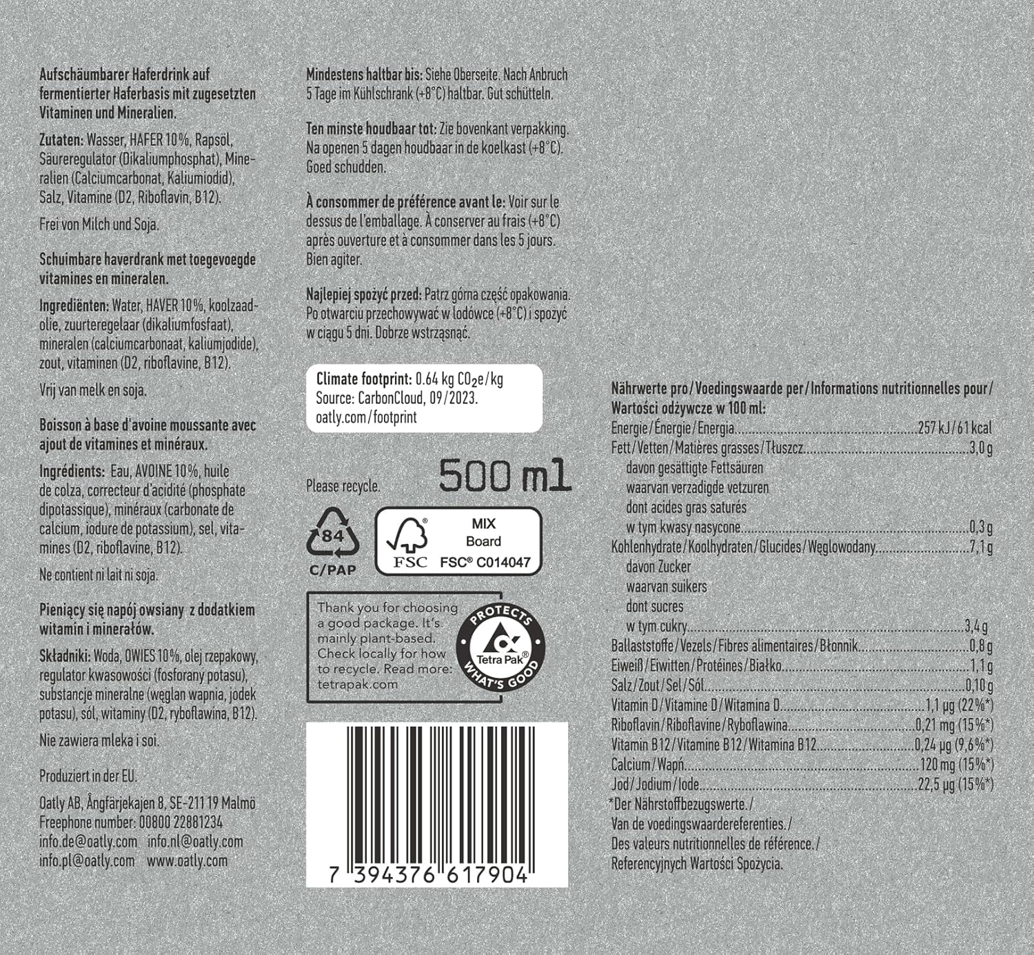 Oatly Haferdrink Barista Edition 500ml X 10 (Die Verpackung kann variieren)