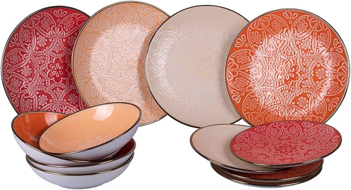 Service de table en grès 12 pièces, 4 assiettes en 4 designs différents, Baku Sunset