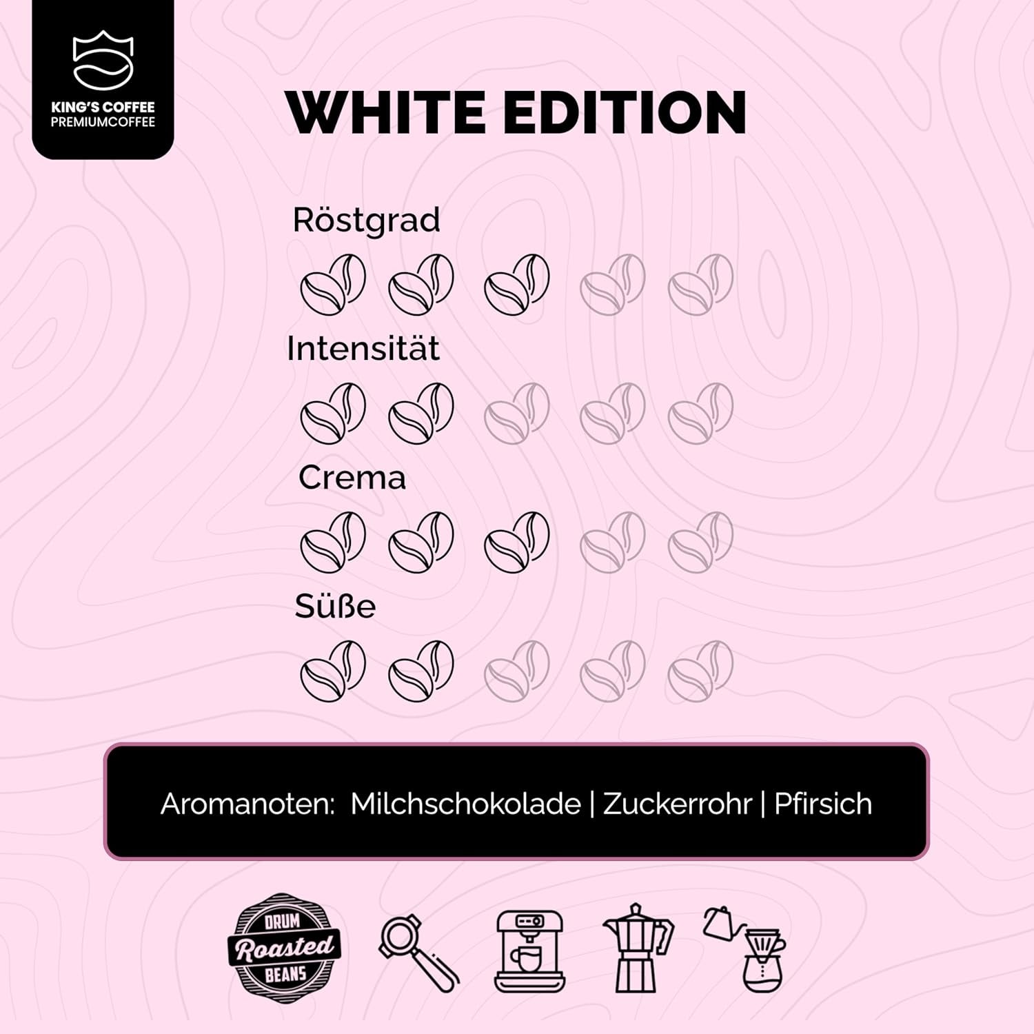 KING'S COFFEE - WHITE EDITION - mélange léger 100 % Arabica d'Éthiopie, du Mexique, du Pérou et de Tanzanie - torréfaction en petits lots en Italie - grains d'espresso entiers pour machines à porte-filtre - 1 kg