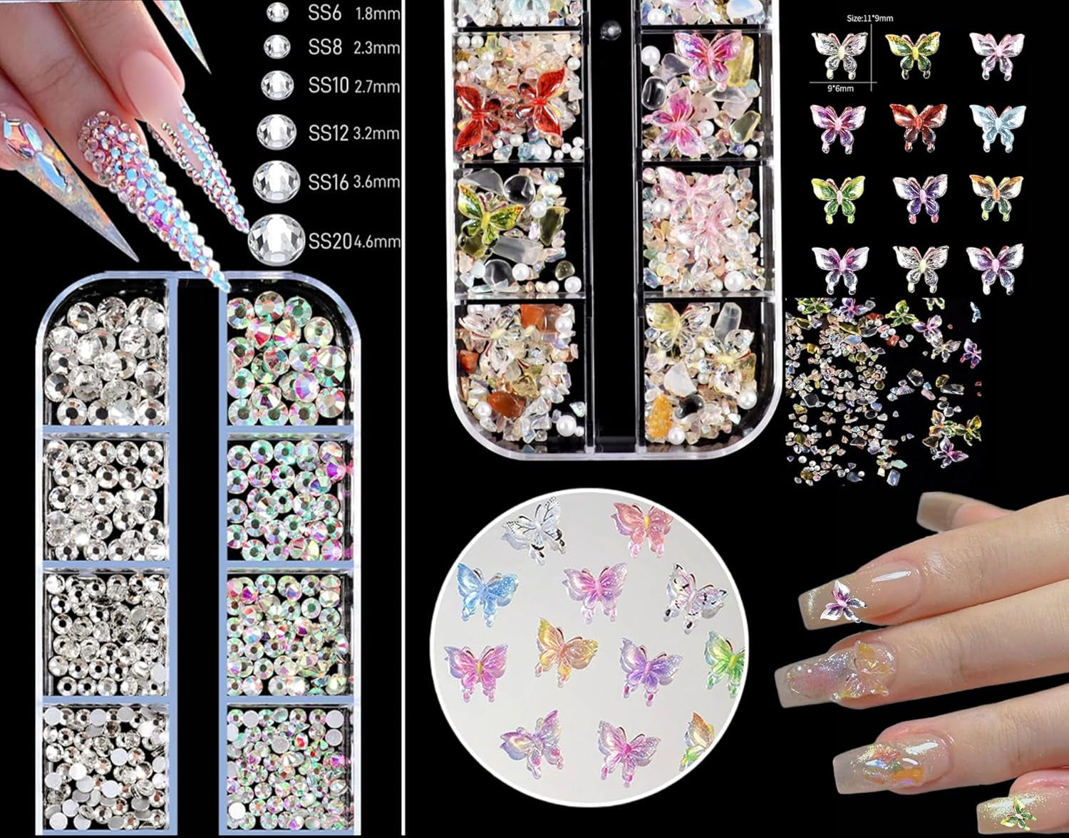 Nail Charms,6 Boxen Gold Silber Nagel Charms 3D Gold Bogen Stern Nail Art Dekoration+6200 Strasssteine Bunt Steine AB Perlen Diamanten,3D Legierung Bow Nail Gems Nagel Deko Für Frauen Nagel (6-A)
